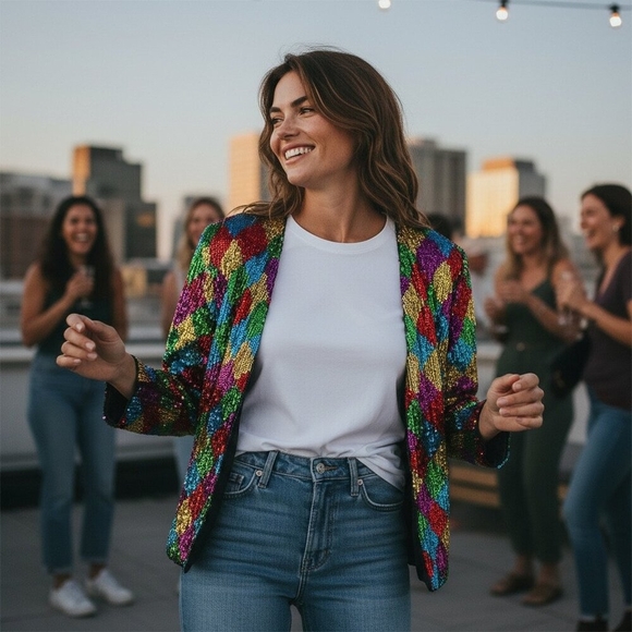 Jean for Joseph Le Bon Sequin Harlequin Diamond Jacket Multicolor NWT Size L - Picture 3 of 9